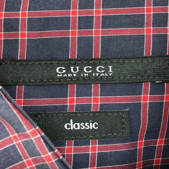 Gucci Men's Burgundy Plaid Checkered Long Sleeve Button Up Cotton Shirt size 17 - Picture 5 of 14